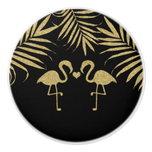Bouton De Porte En Céramique Plage Flamants roses Noir & Or Aquarelle Elégante