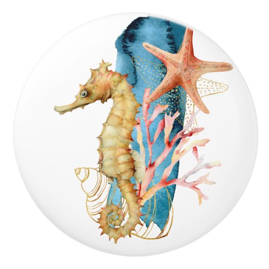 Bouton De Porte En Céramique Plage Thème Hippocampe Aquarelle Art Ceramic Knob (Devant)