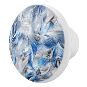 Bouton De Porte En Céramique Plume argentée bleue Élégant Accessoire de maison