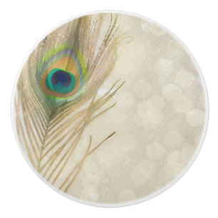 Bouton De Porte En Céramique Plume de paon exotique doré Glam élégant chic