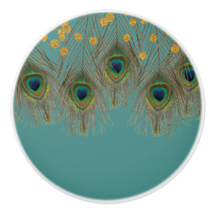 Bouton De Porte En Céramique Plume de paon & points dorés TOUTE COULEUR Boho Ch