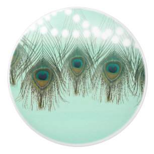 Bouton De Porte En Céramique Plumes de paon & Lumières Chic Rustique Élégant