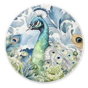 Bouton De Porte En Céramique Plumes de Paon Sarcelle et Sauge Floral Damassé