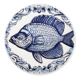 Bouton De Porte En Céramique Poisson Bleu et Blanc Mer & Océan Orienté gauche