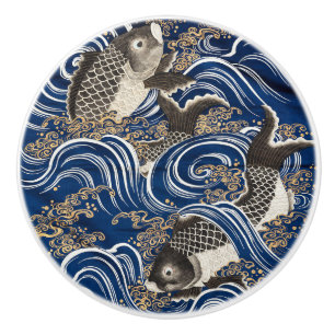 Bouton De Porte En Céramique Poisson carpe chinois en vagues