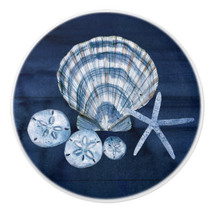 Bouton De Porte En Céramique Poisson-étoiles de plage Coquillages Navy Bois rus