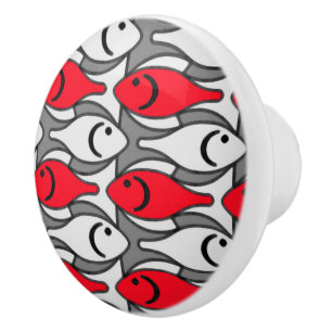Bouton De Porte En Céramique Poisson moderne du milieu du siècle, rouge et gris