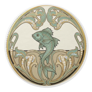 Bouton De Porte En Céramique Poisson Vert Crème & Or Art Déco Nouveau Océan Mer