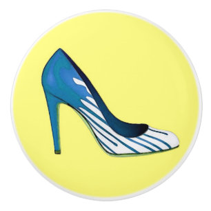 Bouton De Porte En Céramique Pompe Stiletto, bleu sur jaune