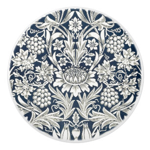 Bouton De Porte En Céramique Porte Knob - Bleu avec Fleurs blanches William Mor