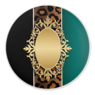 Bouton De Porte En Céramique Poster de animal Jaguar noir et Turquoise