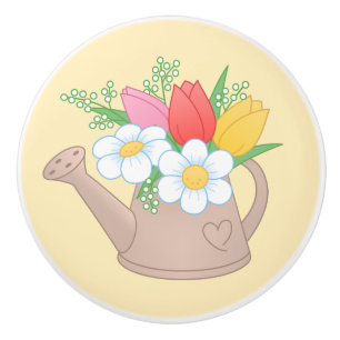 Bouton De Porte En Céramique Poubelle d'arrosage de jardin avec fleurs sur Jaun