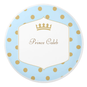 Bouton De Porte En Céramique Poudreur Couronne Prince Points Bleu & Or
