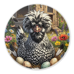 Bouton De Porte En Céramique Poulailler polonais noir et blanc