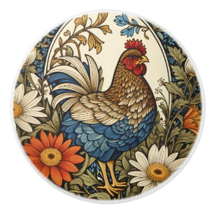 Bouton De Porte En Céramique Poule de Ferme Vintage et Fleurs de Marguerite