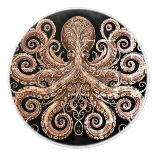 Bouton De Porte En Céramique Poulpe Steampunk Kraken Orné Or Doré Noir