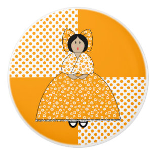 Bouton De Porte En Céramique Poupée Camille Avec Arrière - plan Polka Orange