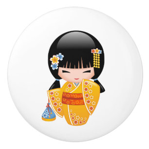 Bouton De Porte En Céramique Poupée d'été Kokeshi - Kimono Jaune Geisha Girl