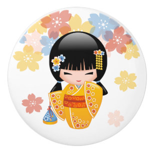 Bouton De Porte En Céramique Poupée d'été Kokeshi - Kimono Jaune Geisha Girl