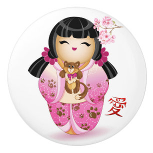 Bouton De Porte En Céramique Poupée japonaise Kokeshi Love