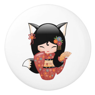 Bouton De Porte En Céramique Poupée Kitsune Kokeshi - Fille Black Fox