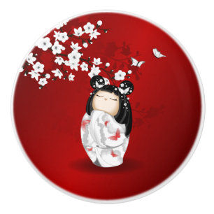 Bouton De Porte En Céramique Poupée Kokeshi Rouge Noir Blanc Cerisier Fleurs