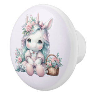Bouton De Porte En Céramique Poupée Licorne Kawaii Pastel avec Panier de Fleurs