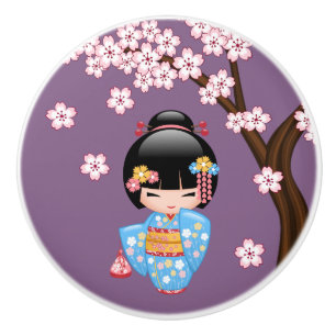 Bouton De Porte En Céramique Poupée Maiko Kokeshi - Blue Kimono Geisha Girl