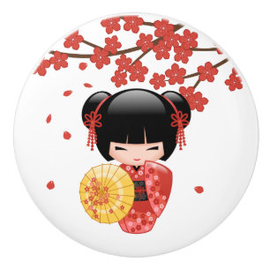 Bouton De Porte En Céramique Poupée Rouge Sakura Kokeshi - Cute Japonaise Geish