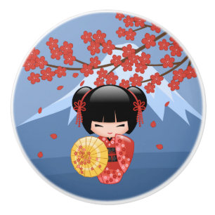 Bouton De Porte En Céramique Poupée rouge Sakura Kokeshi - mignonne Geisha Girl