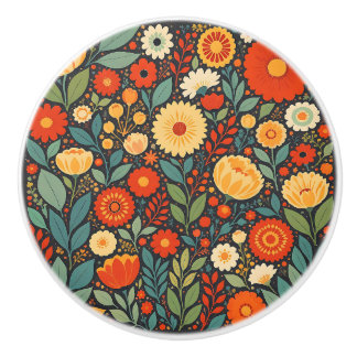 Bouton De Porte En Céramique Pretty Blue and Orange Floral Folk Art