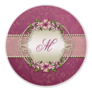 Bouton De Porte En Céramique Prune Girly florale et monogramme de damassé