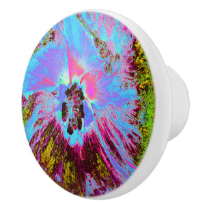 Bouton De Porte En Céramique Psychédélique Corne Bleu et Magenta Hibiscus