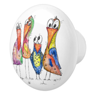 Bouton De Porte En Céramique Quatre Oiseaux Whimsical Colorés