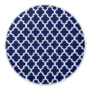 Bouton De Porte En Céramique Quatrefoil bleu et blanc de la marine