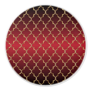 Bouton De Porte En Céramique Quatrefoil rouge profond et or riche