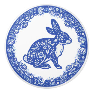 Bouton De Porte En Céramique Rabbit Blue & White Design Cute Bunny Visages droi