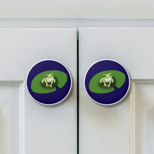 Bouton De Porte En Céramique Rainette verte américaine sur nénuphar