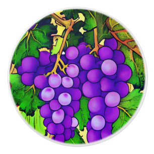 Bouton De Porte En Céramique Raisins Violets sur la Vigne