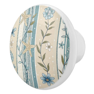 Bouton De Porte En Céramique Rayure Florale Côtière Aqua Beige Étoile de Mer Él