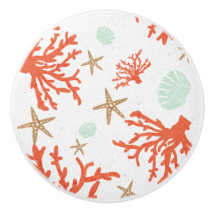 Bouton De Porte En Céramique Récif de Corail & Coquillages Plage Orange