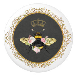 Bouton De Porte En Céramique Reine abeille française élégante Roses roses grise