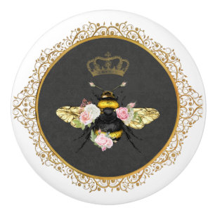 Bouton De Porte En Céramique Reine abeille française élégante Roses roses grise