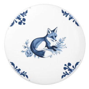Bouton De Porte En Céramique Renard avec Delft Blue et Blanc Corner Flourdissan
