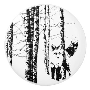 Bouton De Porte En Céramique Renard blanc noir mou dans la forêt de Birch Natur