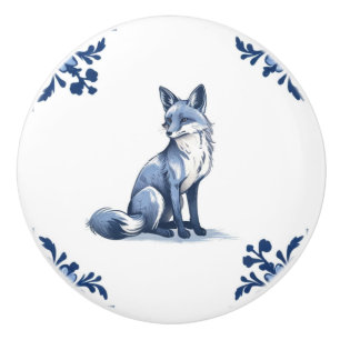 Bouton De Porte En Céramique Renard boisé avec Delft Blue et White Corners
