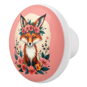 Bouton De Porte En Céramique Renard de Boho Whimsical avec forêt de Couronne Fl