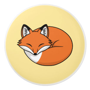 Bouton De Porte En Céramique Renard de dessin animé endormi sur fond jaune