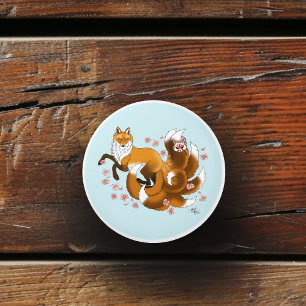 Bouton De Porte En Céramique Renard Kitsune Fantaisiste Fleurs de Cerisier Bleu