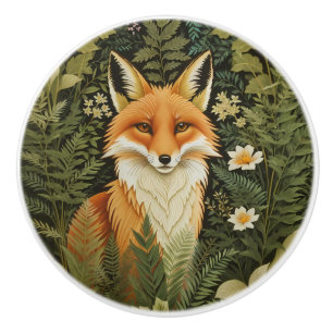 Bouton De Porte En Céramique Renard Rouge Élégant et Feuillage Vert